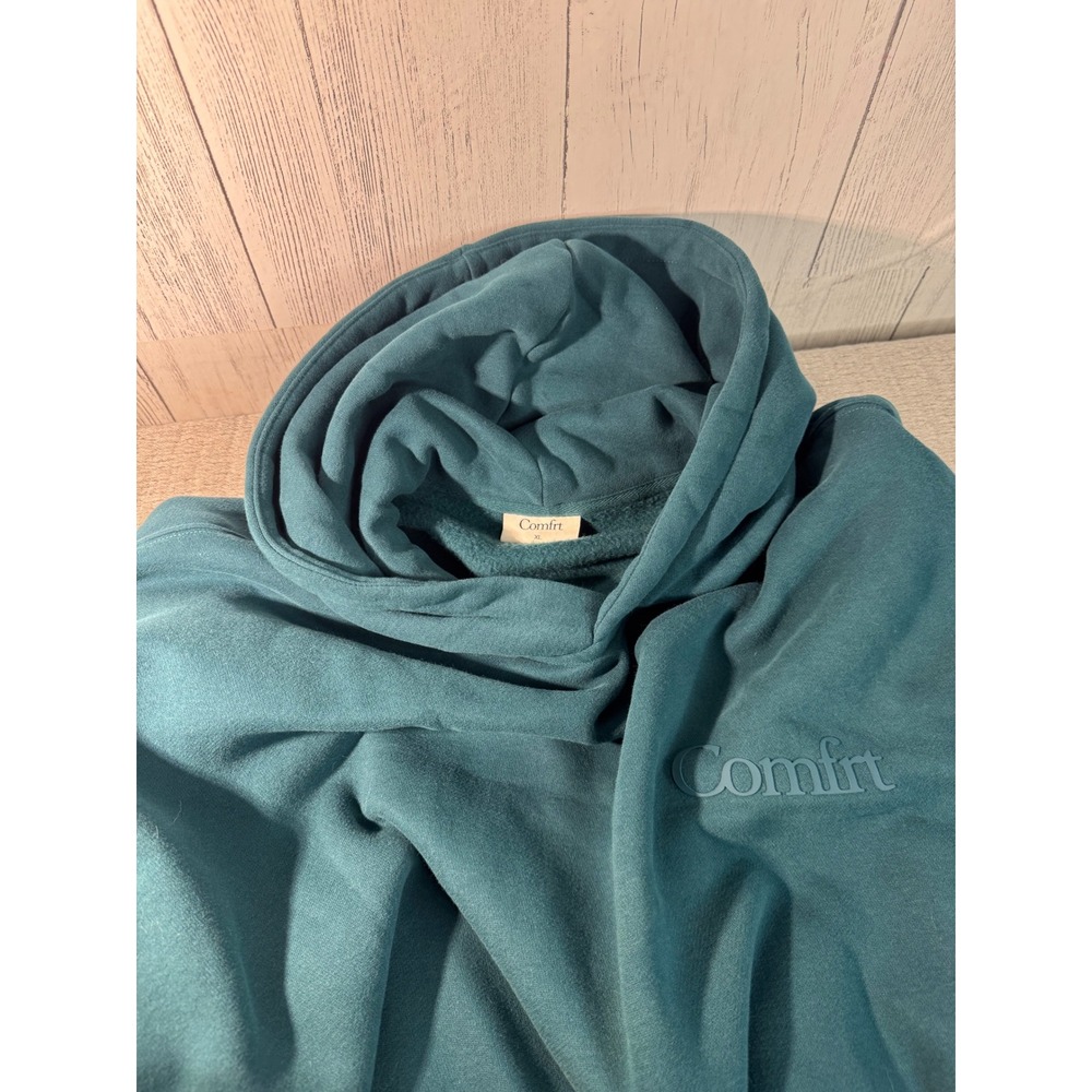 Comfrt Hoodie Teal Blue Green Embossed Logo Fleece Sweatshirt XL Oversized